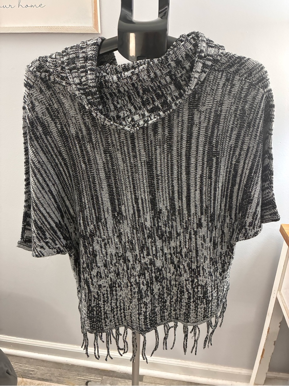 Brittany Black Black & White Marled Fringe Turtleneck poncho